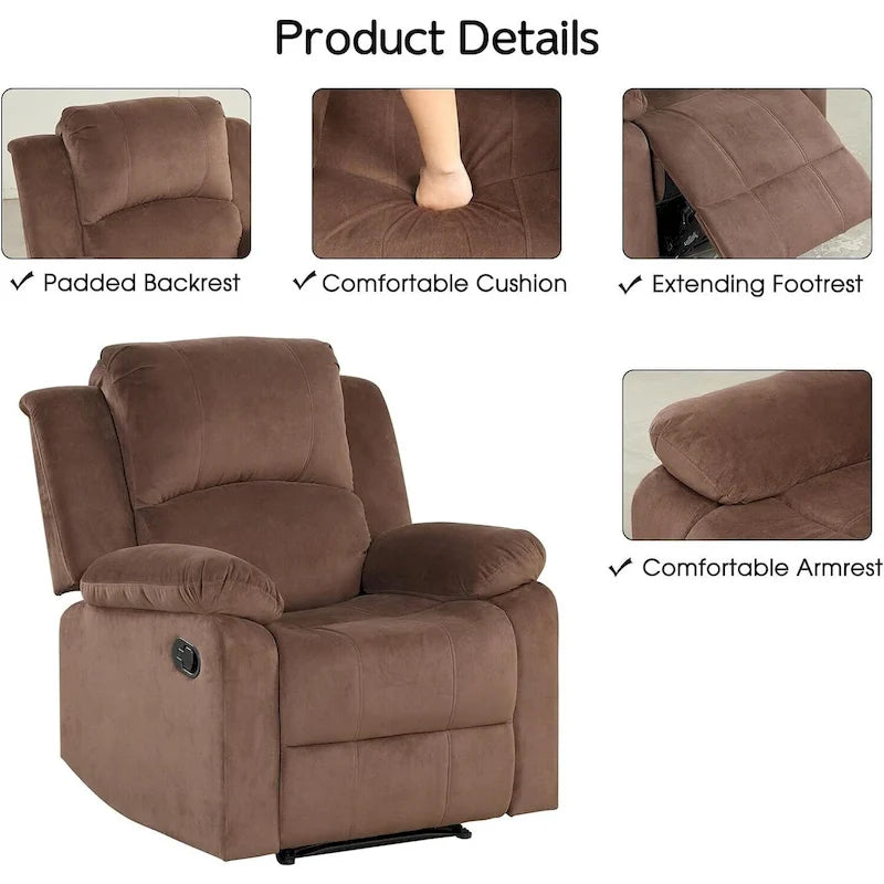 Fauteuil inclinable manuel, canapé individuel inclinable rembourré en tissu doux pour salon chambre