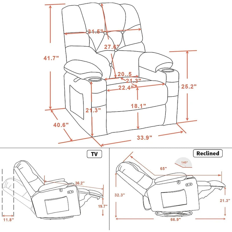 Fauteuil inclinable électrique pivotant et coulissant MCombo avec porte-gobelets et ports USB, en tissu pour chambre de bébé, 7797