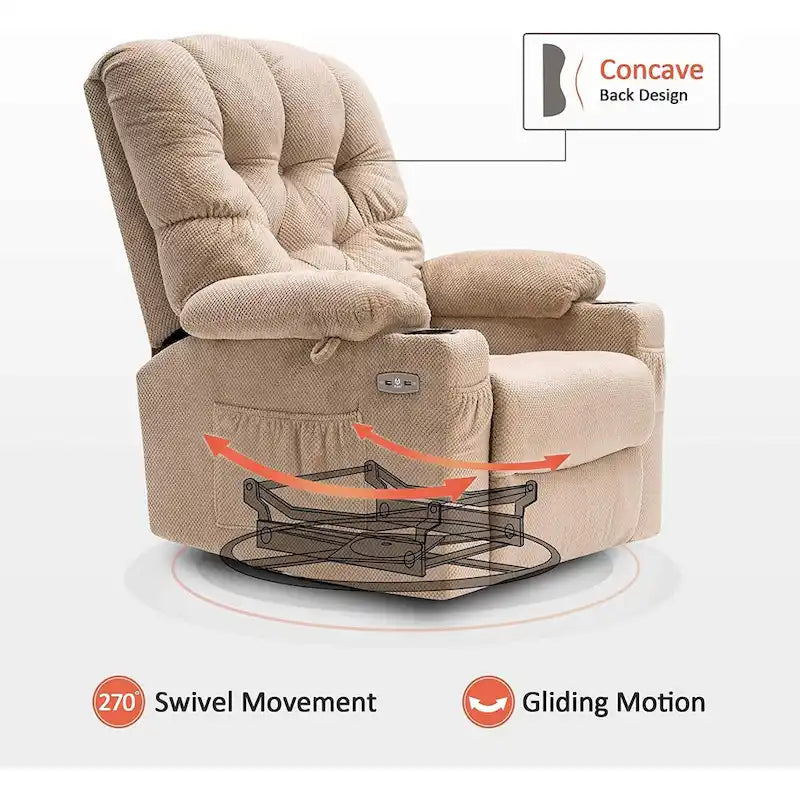 Fauteuil inclinable électrique pivotant et coulissant MCombo avec porte-gobelets et ports USB, en tissu pour chambre de bébé, 7797