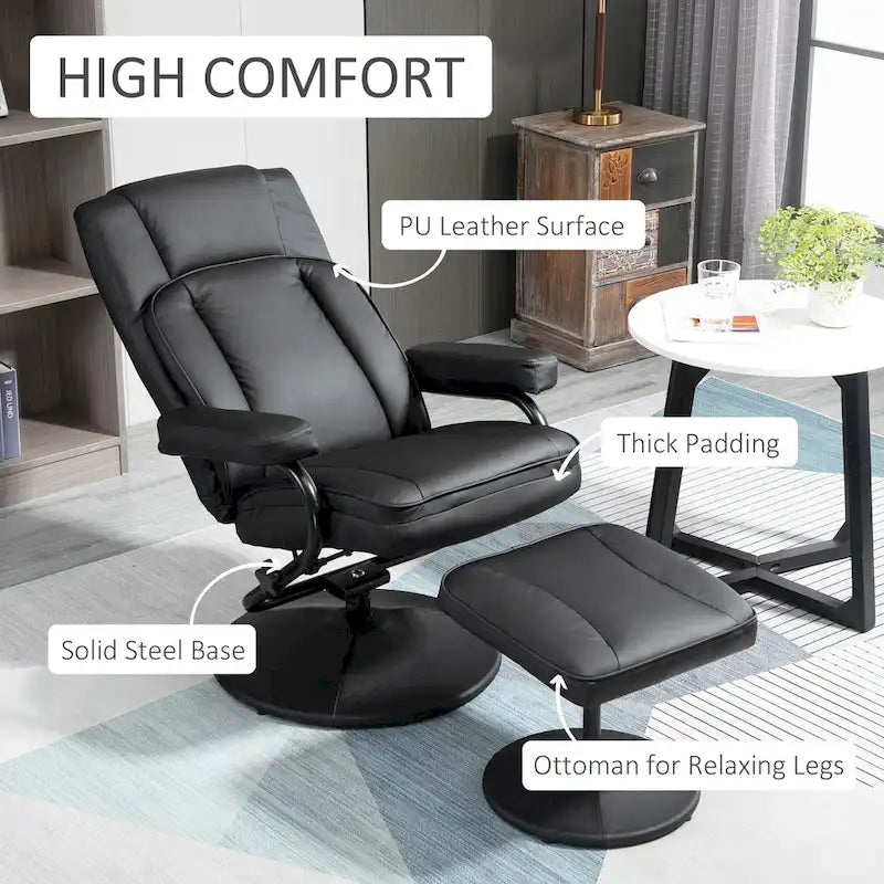 HOMCOM Fauteuil relax pivotant, inclinable, en similicuir, avec repose-pieds, pour salon, bureau, chambre à coucher