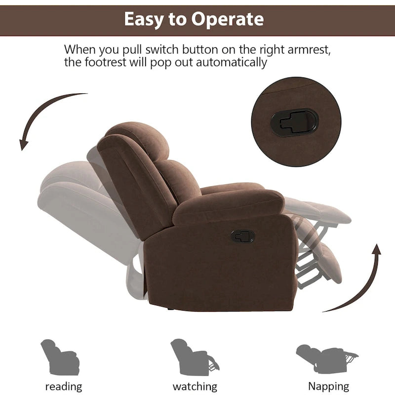 Fauteuil inclinable manuel avec accoudoirs et dossier surdimensionnés