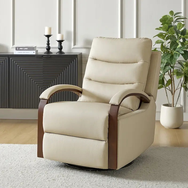 Fauteuil inclinable manuel pivotant et à bascule Leopold Modern en cuir véritable avec accoudoirs en bois par HULALA HOME