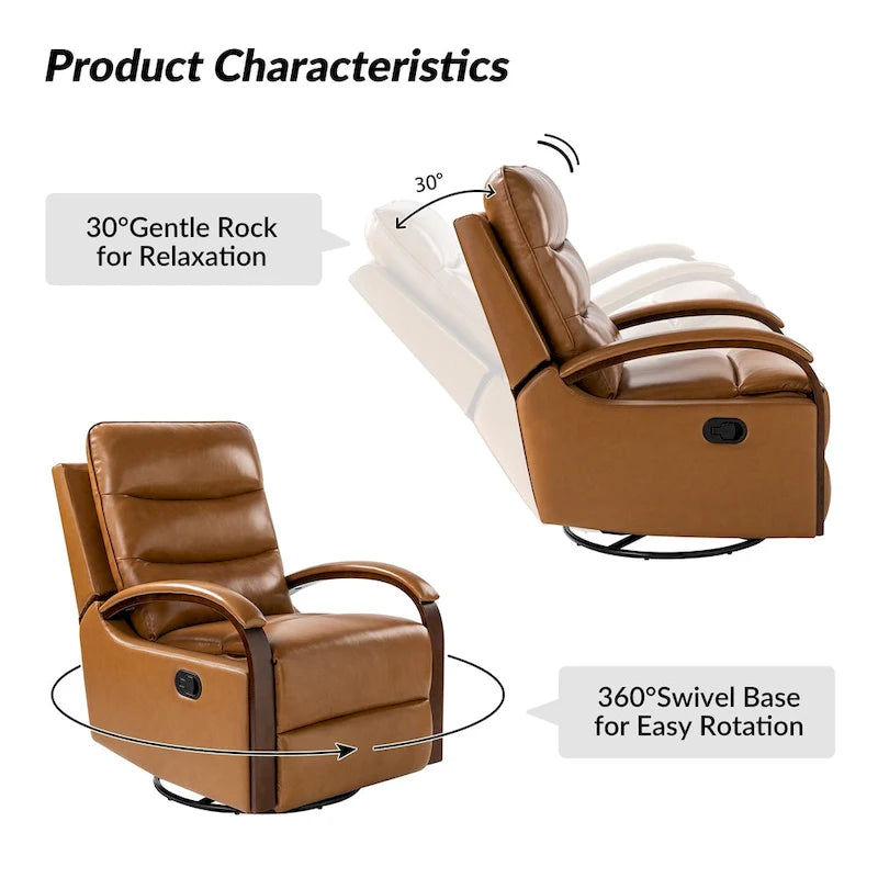 Fauteuil inclinable manuel pivotant et à bascule Leopold Modern en cuir véritable avec accoudoirs en bois par HULALA HOME