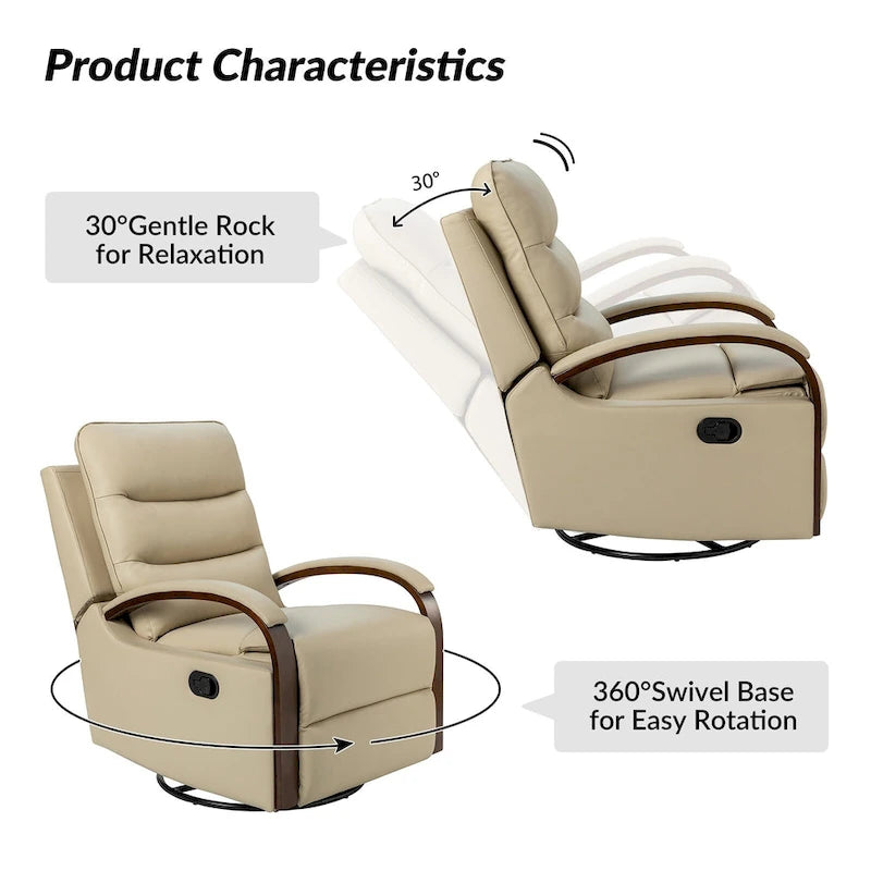 Fauteuil inclinable manuel pivotant et à bascule Leopold Modern en cuir véritable avec accoudoirs en bois par HULALA HOME