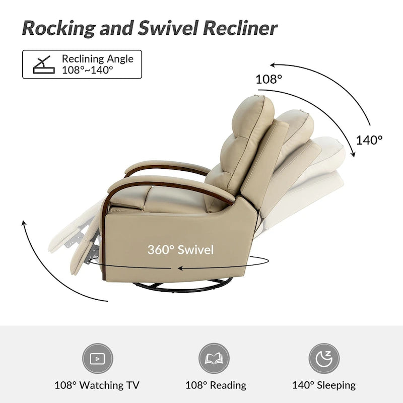 Fauteuil inclinable manuel pivotant et à bascule Leopold Modern en cuir véritable avec accoudoirs en bois par HULALA HOME