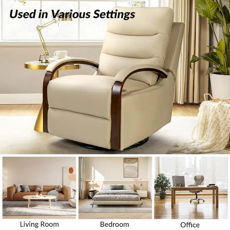 Fauteuil inclinable manuel pivotant et à bascule Leopold Modern en cuir véritable avec accoudoirs en bois par HULALA HOME