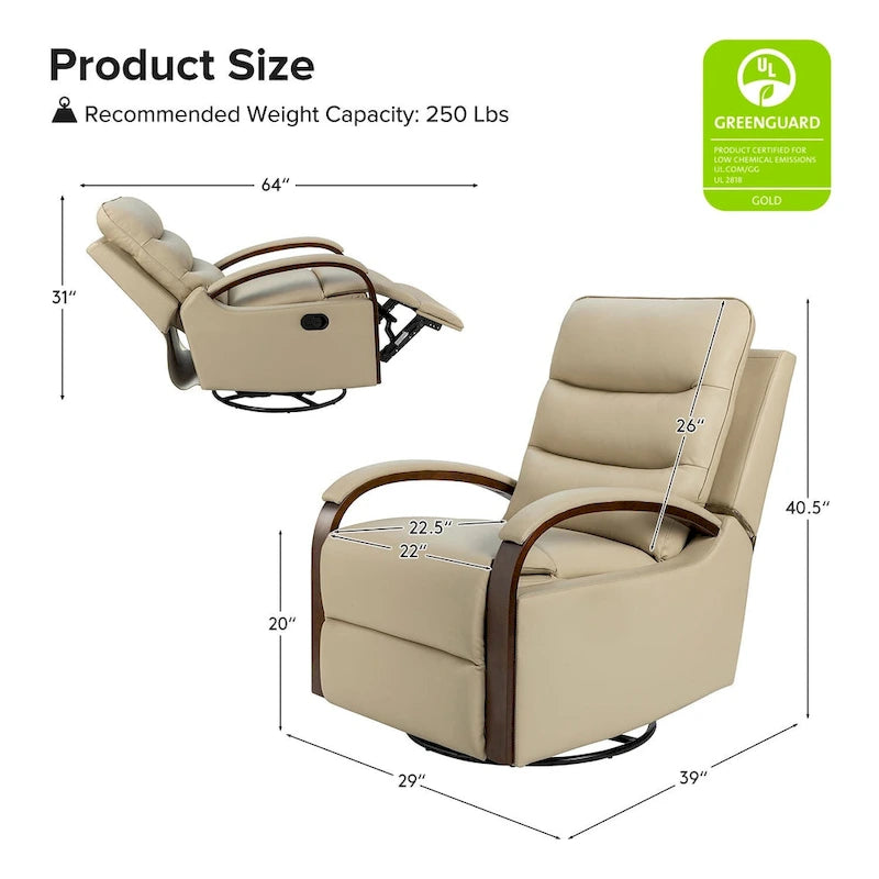 Fauteuil inclinable manuel pivotant et à bascule Leopold Modern en cuir véritable avec accoudoirs en bois par HULALA HOME