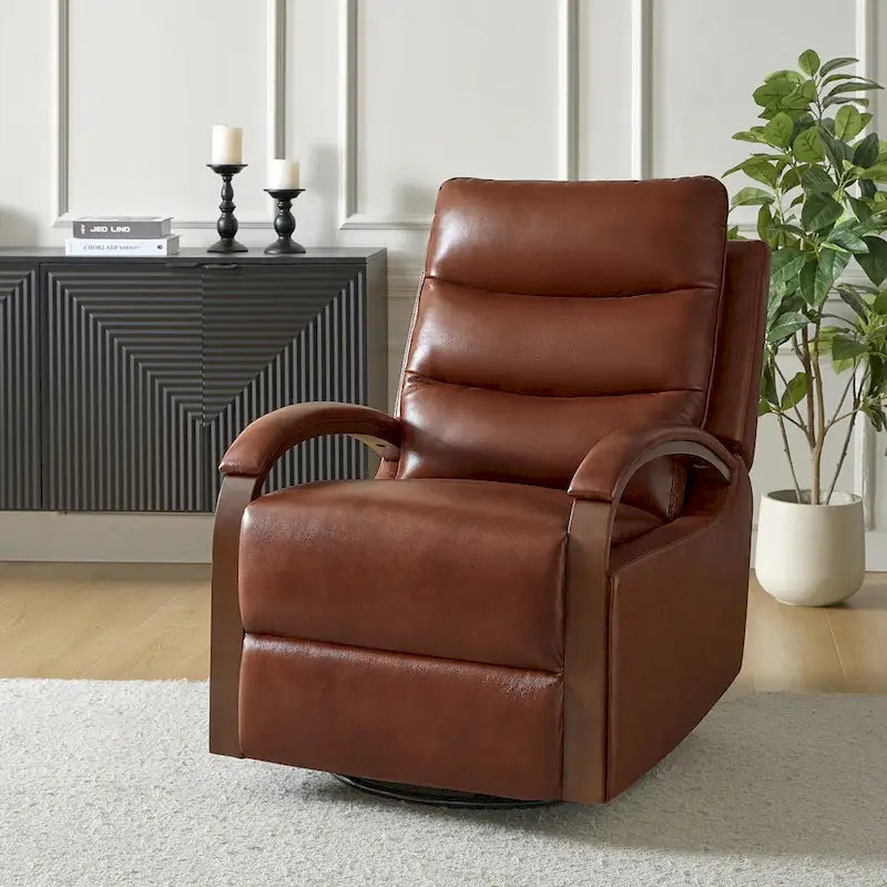 Fauteuil inclinable manuel pivotant et à bascule Leopold Modern en cuir véritable avec accoudoirs en bois par HULALA HOME