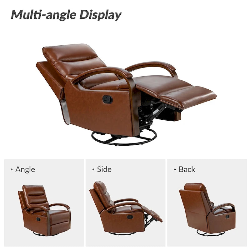 Fauteuil inclinable manuel pivotant et à bascule Leopold Modern en cuir véritable avec accoudoirs en bois par HULALA HOME