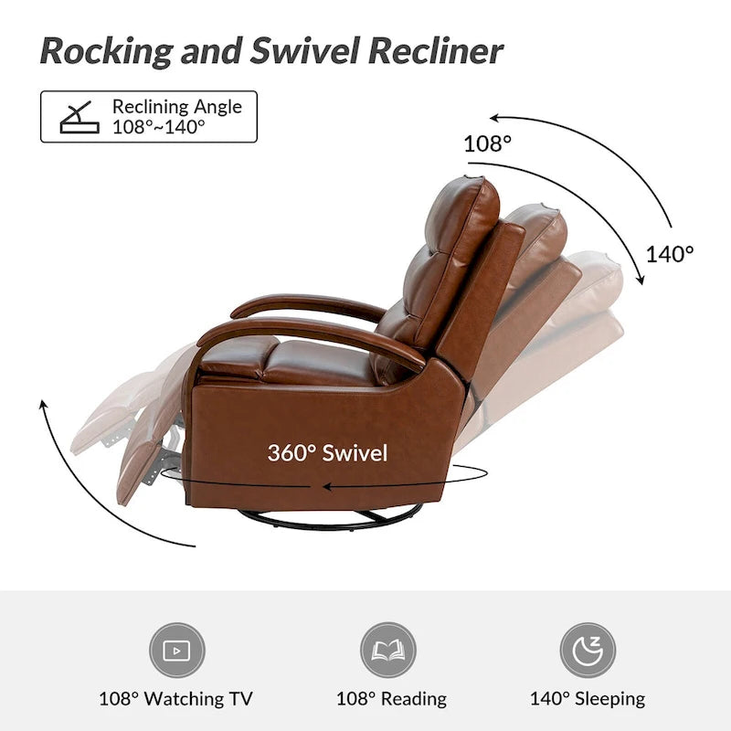 Fauteuil inclinable manuel pivotant et à bascule Leopold Modern en cuir véritable avec accoudoirs en bois par HULALA HOME