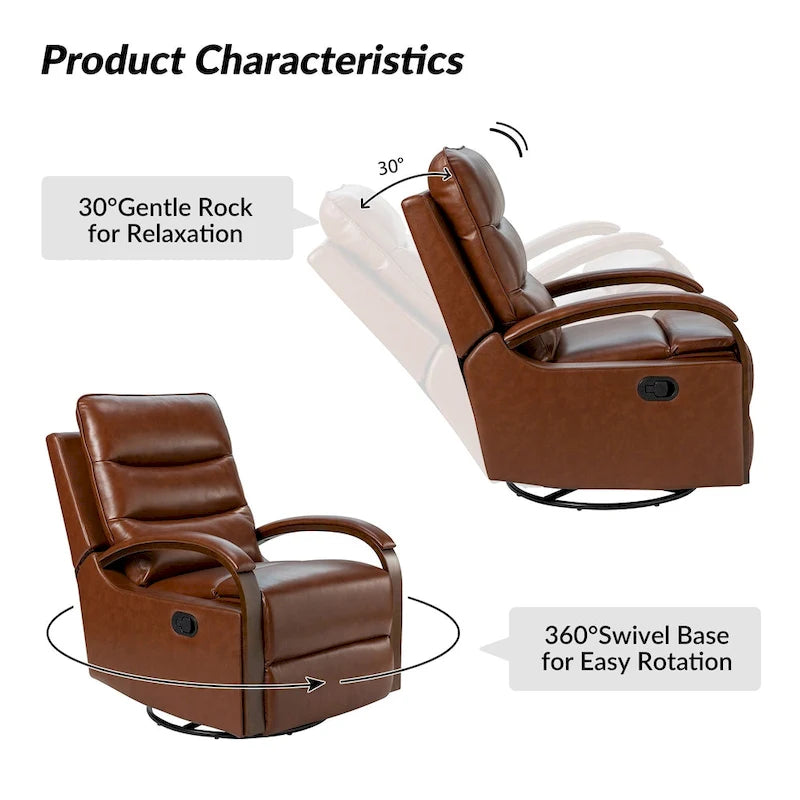 Fauteuil inclinable manuel pivotant et à bascule Leopold Modern en cuir véritable avec accoudoirs en bois par HULALA HOME