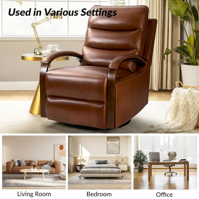 Fauteuil inclinable manuel pivotant et à bascule Leopold Modern en cuir véritable avec accoudoirs en bois par HULALA HOME
