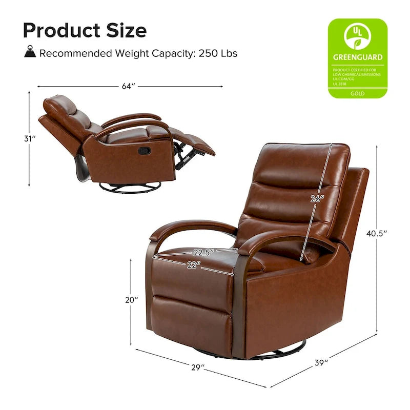 Fauteuil inclinable manuel pivotant et à bascule Leopold Modern en cuir véritable avec accoudoirs en bois par HULALA HOME