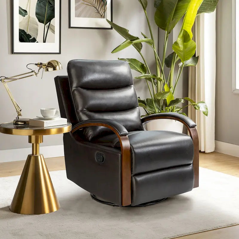 Fauteuil inclinable manuel pivotant et à bascule Leopold Modern en cuir véritable avec accoudoirs en bois par HULALA HOME