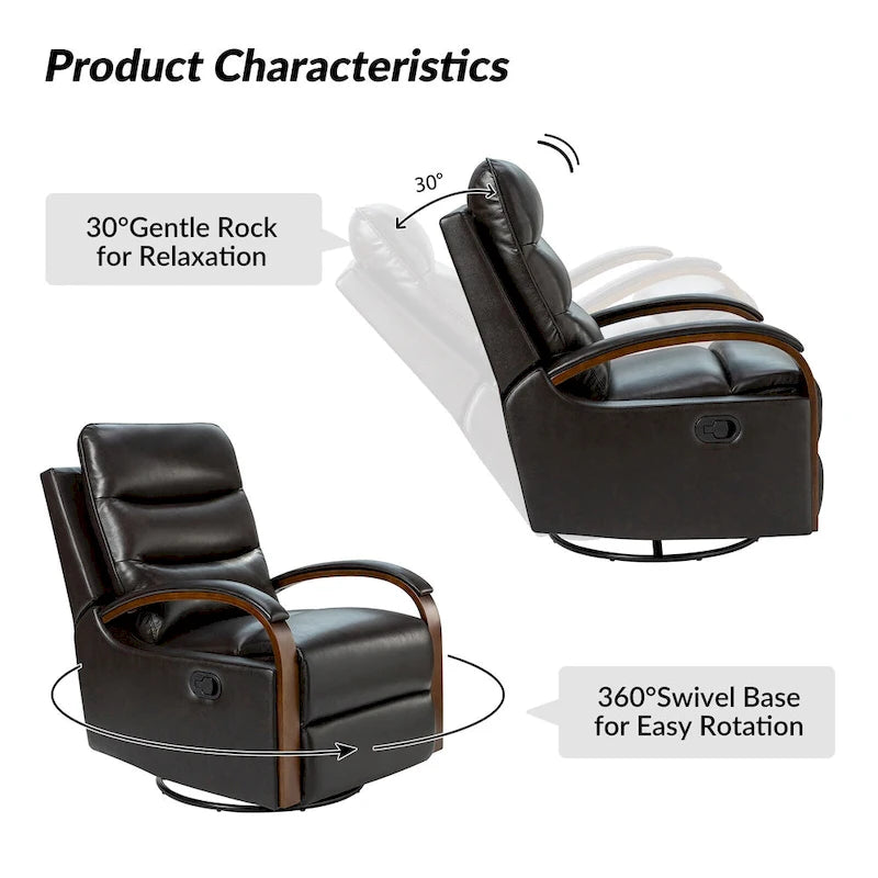 Fauteuil inclinable manuel pivotant et à bascule Leopold Modern en cuir véritable avec accoudoirs en bois par HULALA HOME