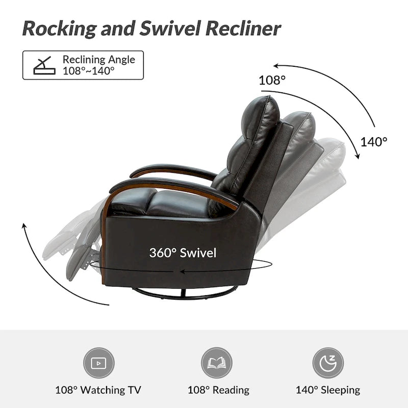Fauteuil inclinable manuel pivotant et à bascule Leopold Modern en cuir véritable avec accoudoirs en bois par HULALA HOME