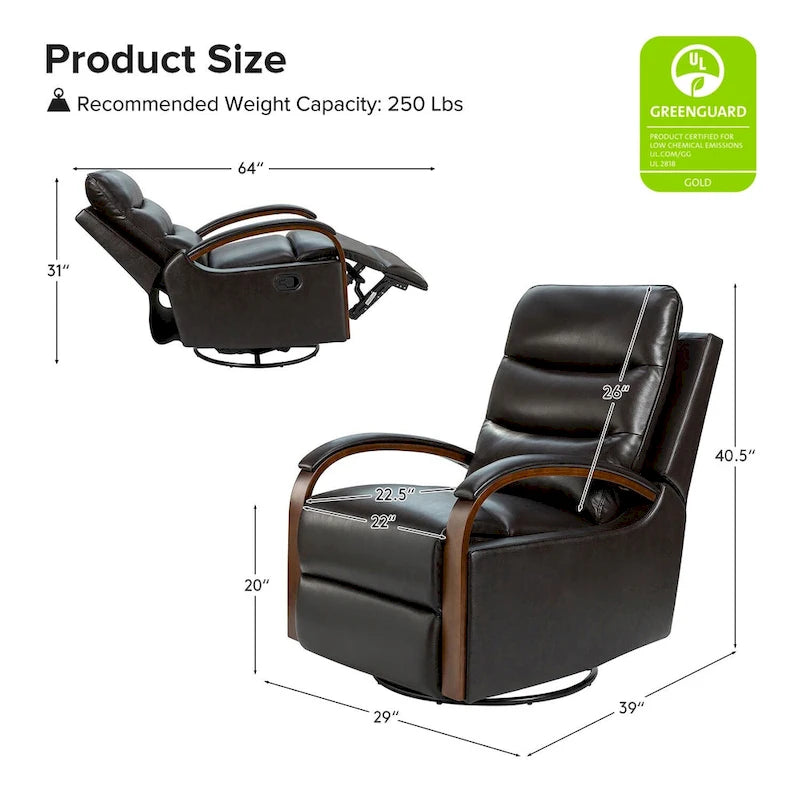 Fauteuil inclinable manuel pivotant et à bascule Leopold Modern en cuir véritable avec accoudoirs en bois par HULALA HOME