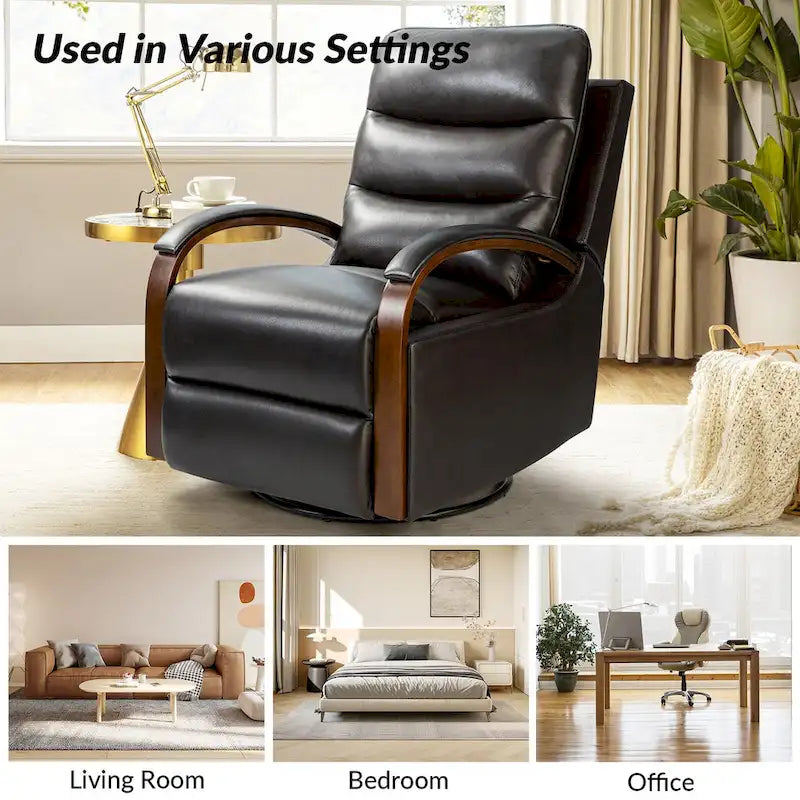 Fauteuil inclinable manuel pivotant et à bascule Leopold Modern en cuir véritable avec accoudoirs en bois par HULALA HOME