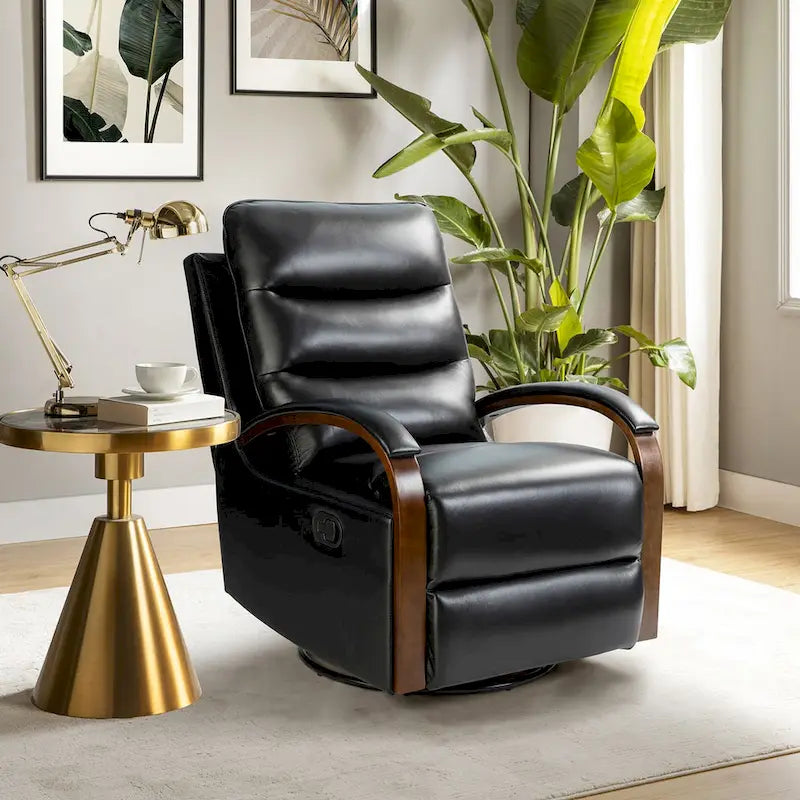 Fauteuil inclinable manuel pivotant et à bascule Leopold Modern en cuir véritable avec accoudoirs en bois par HULALA HOME