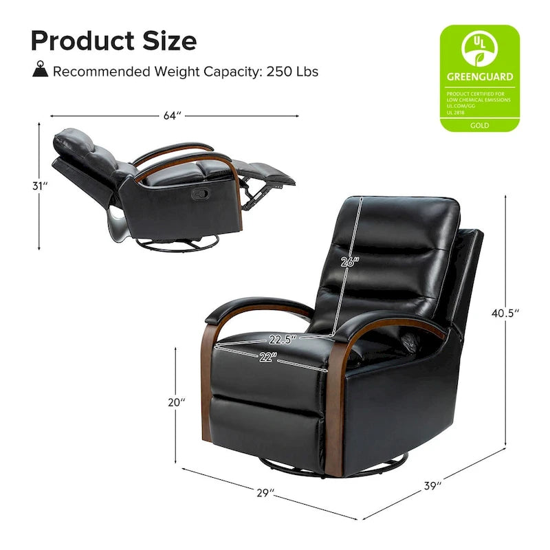 Fauteuil inclinable manuel pivotant et à bascule Leopold Modern en cuir véritable avec accoudoirs en bois par HULALA HOME