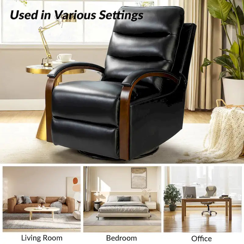 Fauteuil inclinable manuel pivotant et à bascule Leopold Modern en cuir véritable avec accoudoirs en bois par HULALA HOME