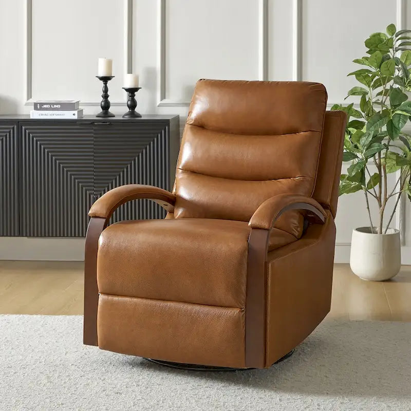 Fauteuil inclinable manuel pivotant et à bascule Leopold Modern en cuir véritable avec accoudoirs en bois par HULALA HOME