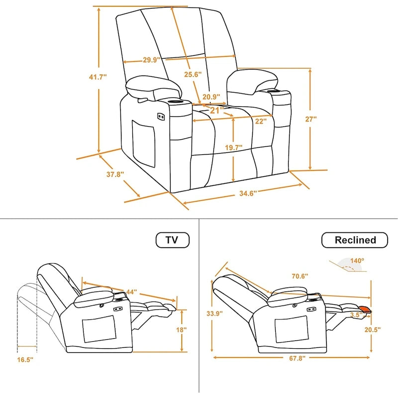Fauteuil inclinable électrique MCombo avec massage et chauffage, tissu moelleux 8015