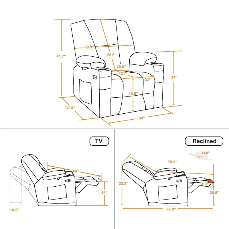 Fauteuil inclinable électrique MCombo avec massage et chauffage, tissu moelleux 8015