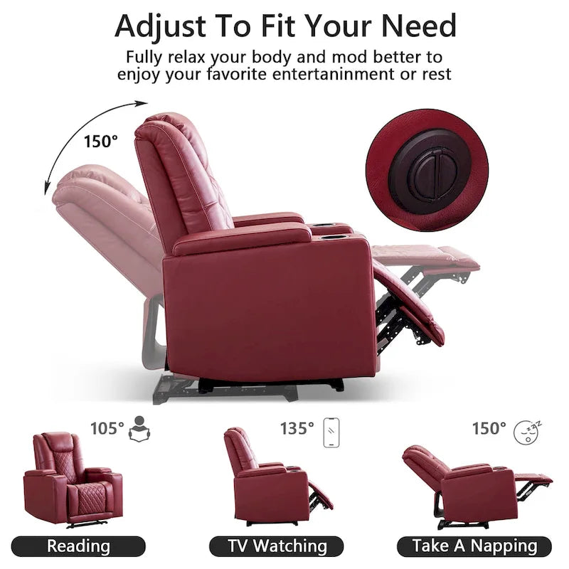 Fauteuil inclinable électrique en cuir avec ports USB et porte-gobelets