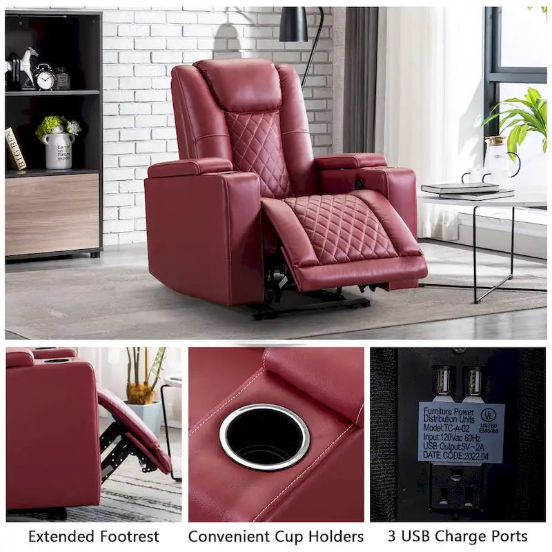 Fauteuil inclinable électrique en cuir avec ports USB et porte-gobelets