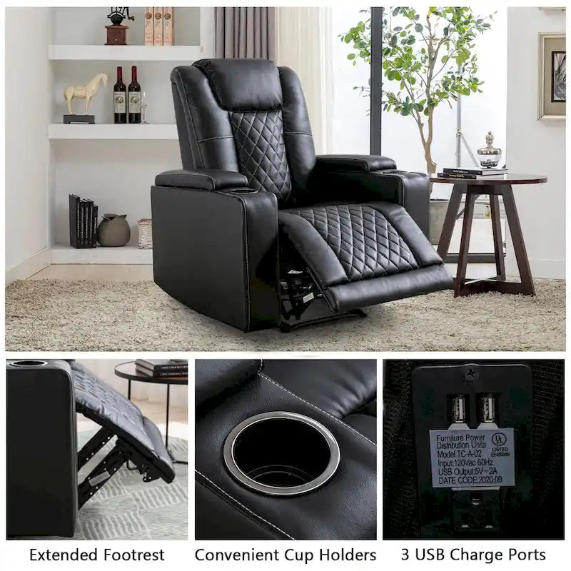Fauteuil inclinable électrique en cuir avec ports USB et porte-gobelets