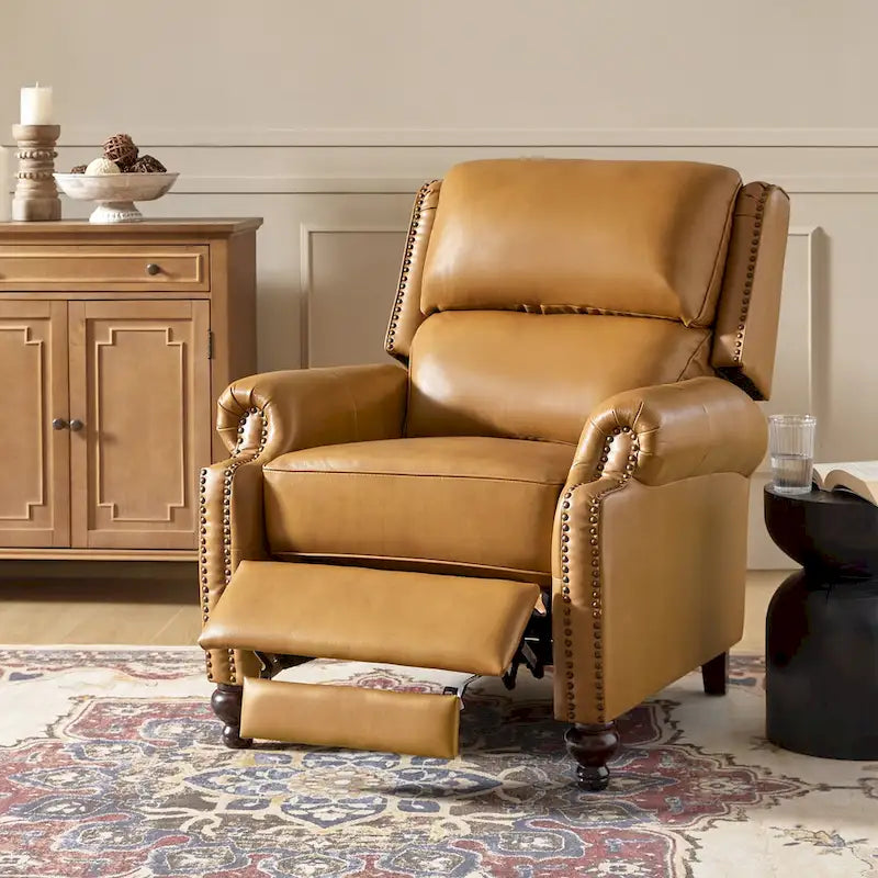 Gabriela Mid-Century Modern Genuine Leather Recliner with Tapered Block Feet by HULALA HOME