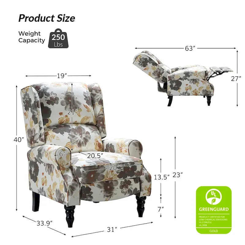 Fauteuil inclinable classique manuel à oreilles rembourré Olympus avec pieds en bois massif, lot de 2, par HULALA HOME