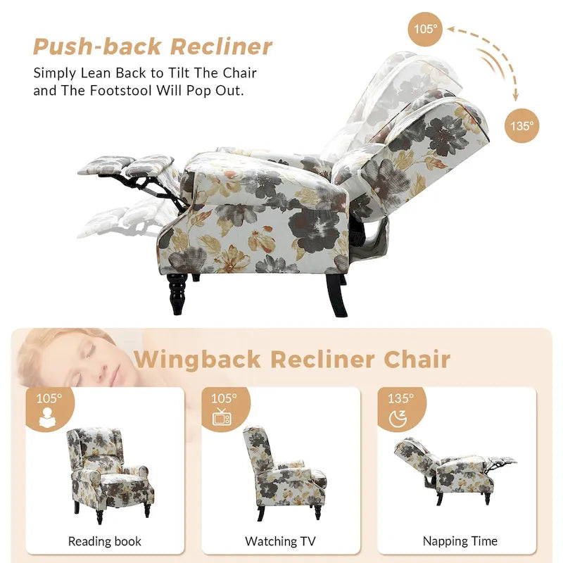 Fauteuil inclinable classique manuel à oreilles rembourré Olympus avec pieds en bois massif, lot de 2, par HULALA HOME