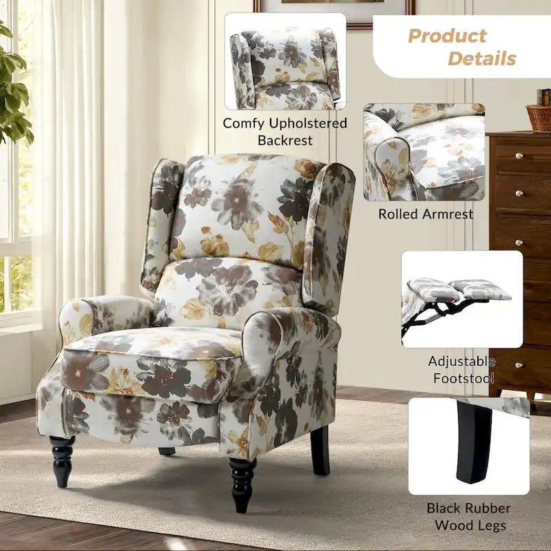 Fauteuil inclinable classique manuel à oreilles rembourré Olympus avec pieds en bois massif, lot de 2, par HULALA HOME