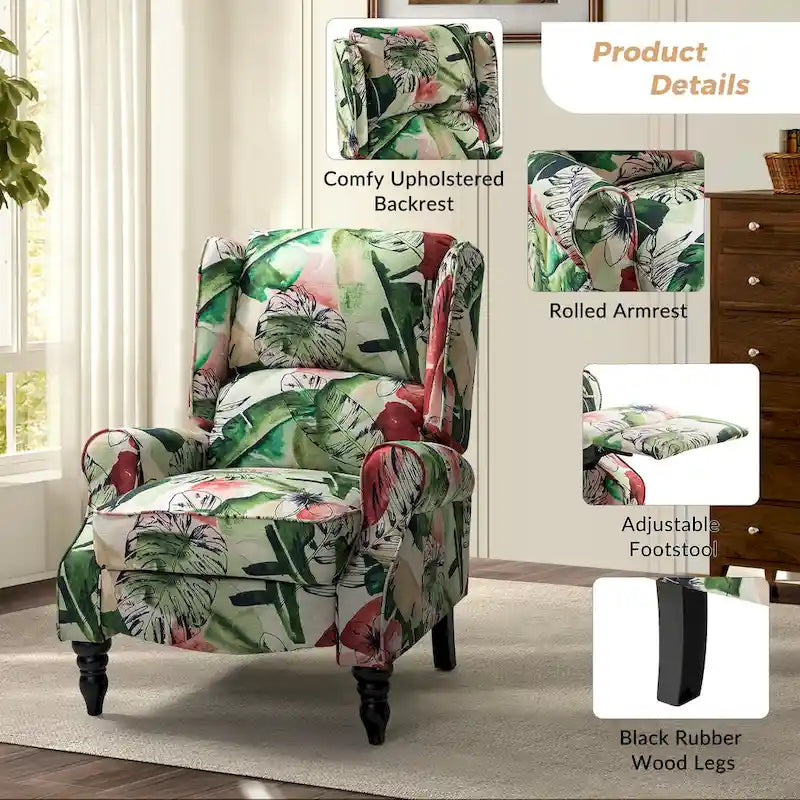 Fauteuil inclinable classique manuel à oreilles rembourré Olympus avec pieds en bois massif, lot de 2, par HULALA HOME