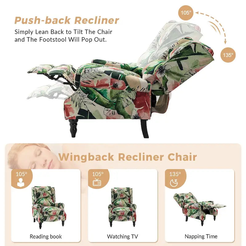 Fauteuil inclinable classique manuel à oreilles rembourré Olympus avec pieds en bois massif, lot de 2, par HULALA HOME