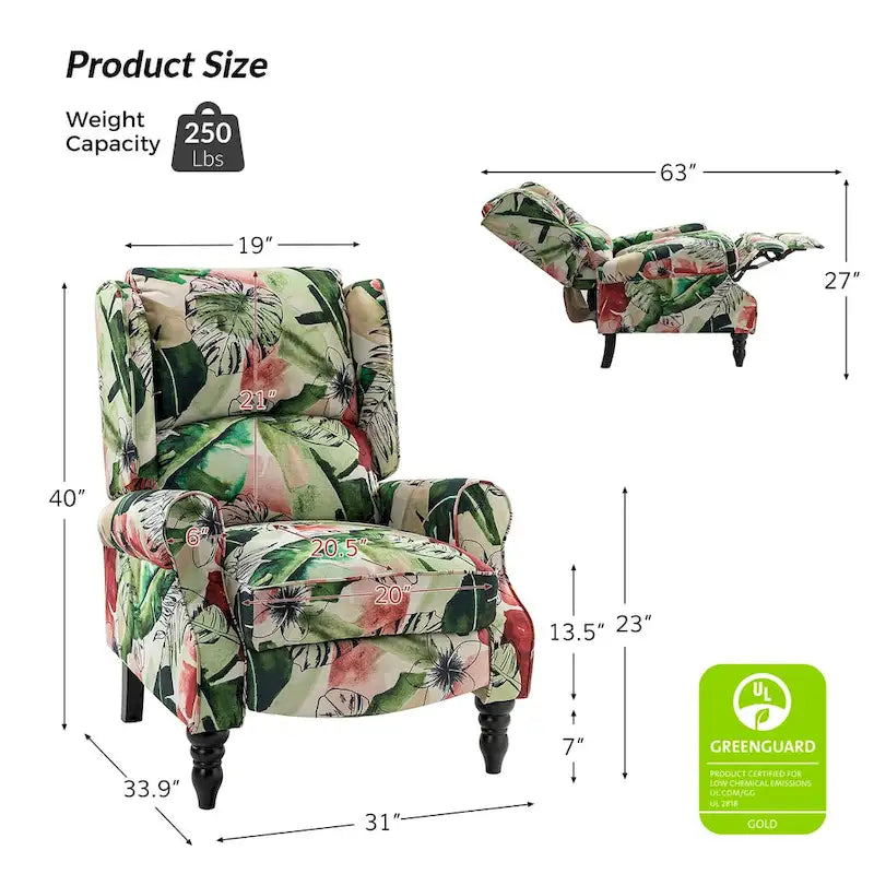 Fauteuil inclinable classique manuel à oreilles rembourré Olympus avec pieds en bois massif, lot de 2, par HULALA HOME