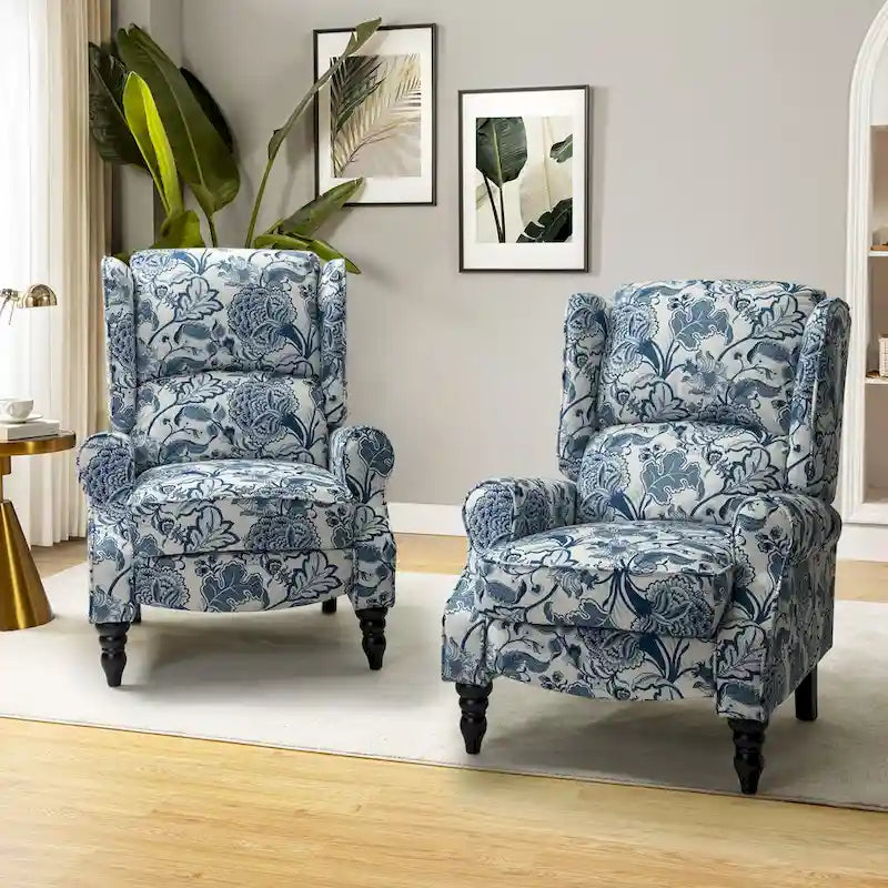 Fauteuil inclinable classique manuel à oreilles rembourré Olympus avec pieds en bois massif, lot de 2, par HULALA HOME