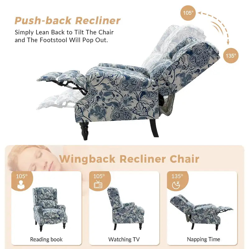 Fauteuil inclinable classique manuel à oreilles rembourré Olympus avec pieds en bois massif, lot de 2, par HULALA HOME