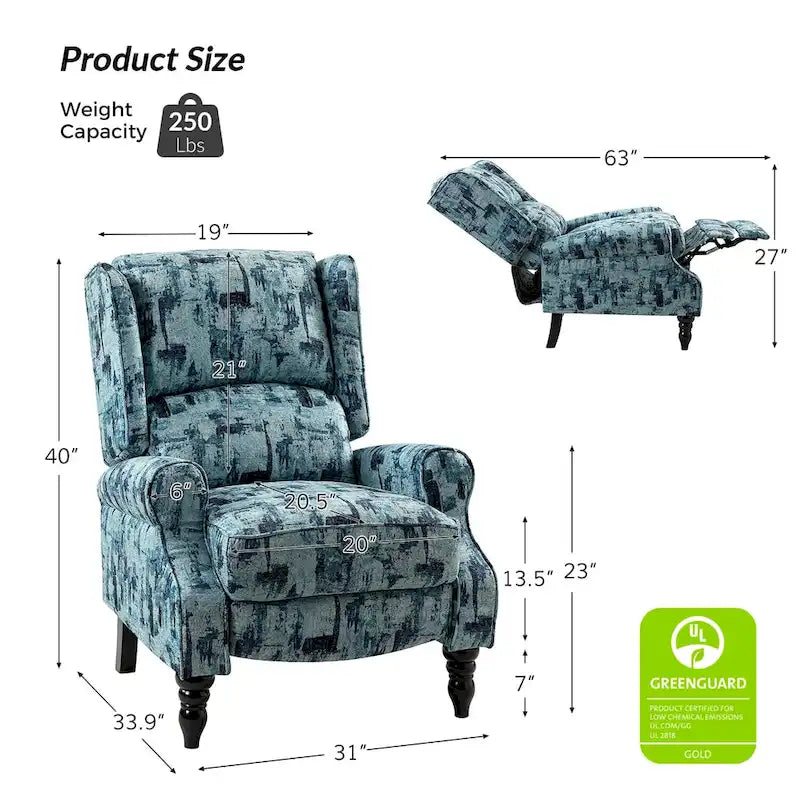 Fauteuil inclinable classique manuel à oreilles rembourré Olympus avec pieds en bois massif, lot de 2, par HULALA HOME