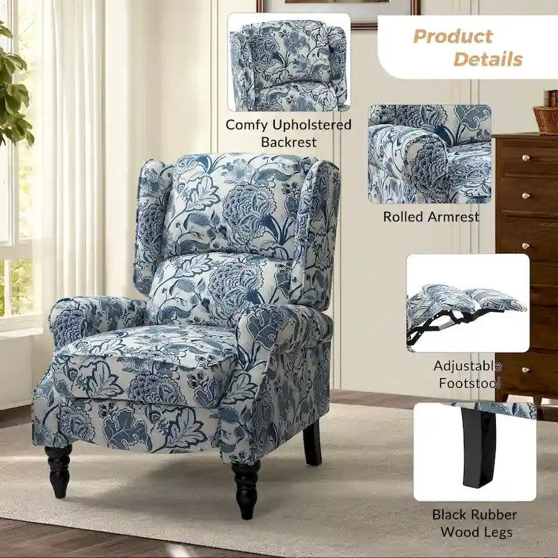 Fauteuil inclinable classique manuel à oreilles rembourré Olympus avec pieds en bois massif, lot de 2, par HULALA HOME