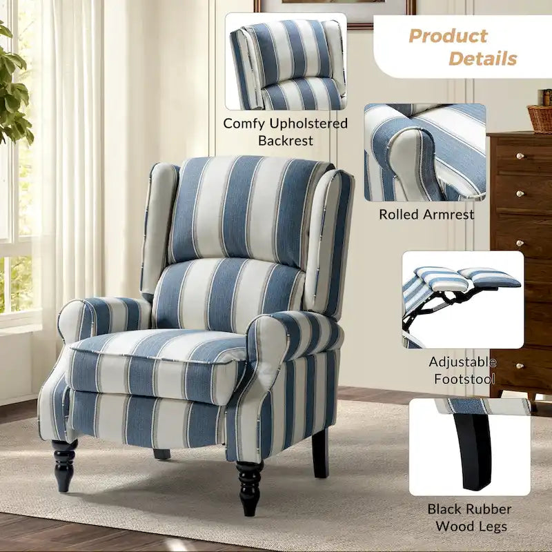 Fauteuil inclinable classique manuel à oreilles rembourré Olympus avec pieds en bois massif, lot de 2, par HULALA HOME