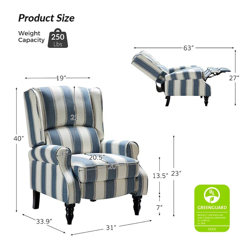 Fauteuil inclinable classique manuel à oreilles rembourré Olympus avec pieds en bois massif, lot de 2, par HULALA HOME