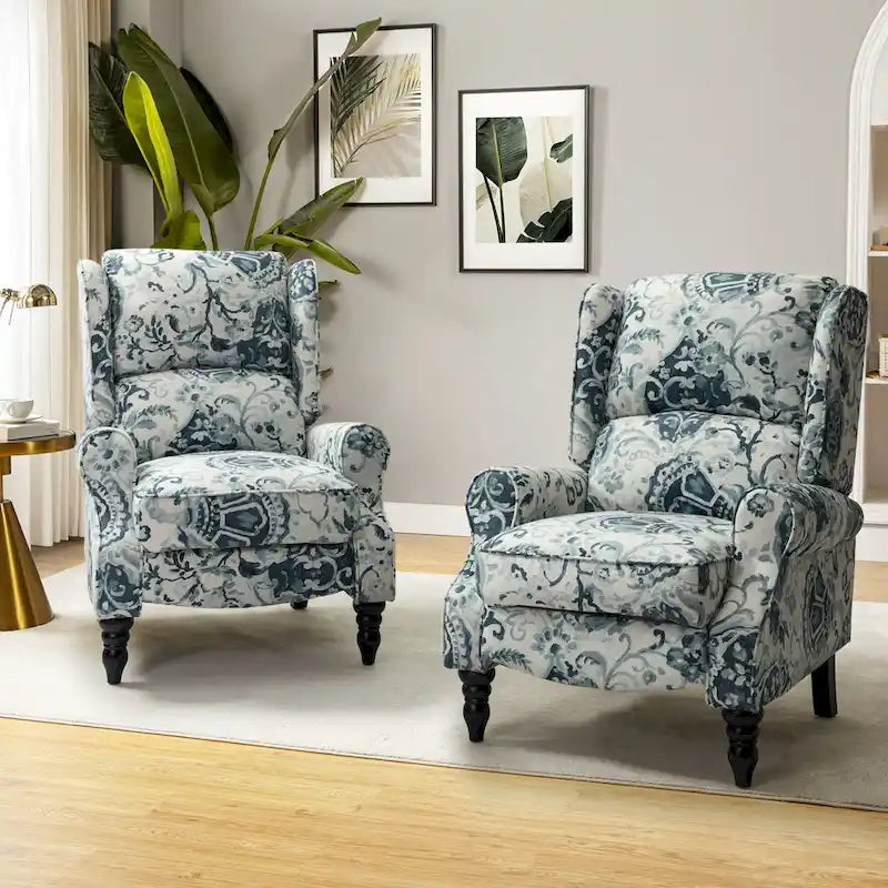 Fauteuil inclinable classique manuel à oreilles rembourré Olympus avec pieds en bois massif, lot de 2, par HULALA HOME