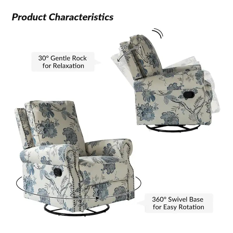 Fauteuil inclinable pivotant et à bascule Roderich Farmhouse Floral Print avec accoudoirs roulés de HULALA HOME