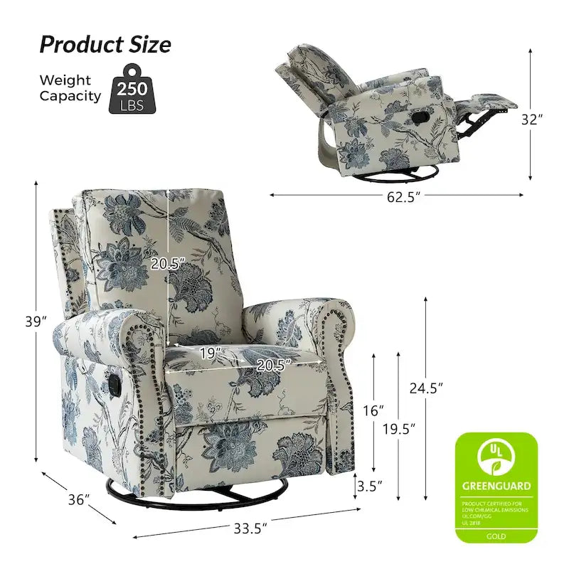 Fauteuil inclinable pivotant et à bascule Roderich Farmhouse Floral Print avec accoudoirs roulés de HULALA HOME
