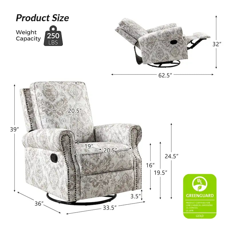 Fauteuil inclinable pivotant et à bascule Roderich Farmhouse Floral Print avec accoudoirs roulés de HULALA HOME