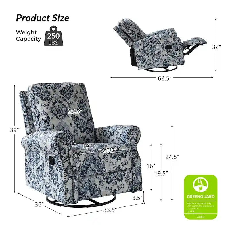 Fauteuil inclinable pivotant et à bascule Roderich Farmhouse Floral Print avec accoudoirs roulés de HULALA HOME