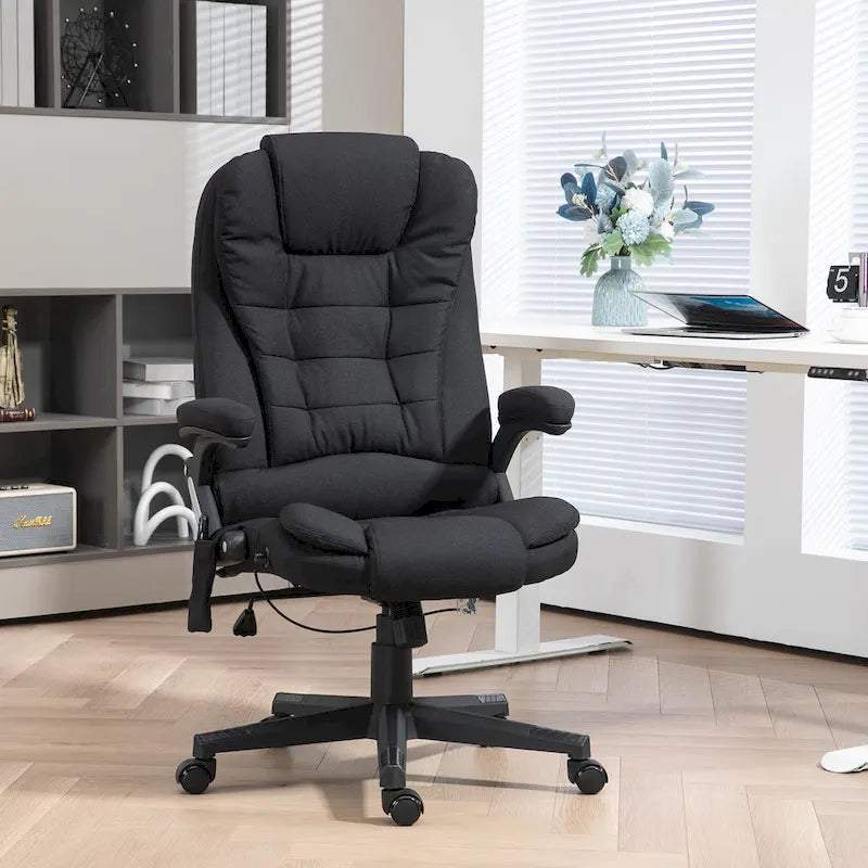 HOMCOM Fauteuil de bureau massant et chauffant 6 points, Chaise de bureau de direction inclinable en lin à dossier haut